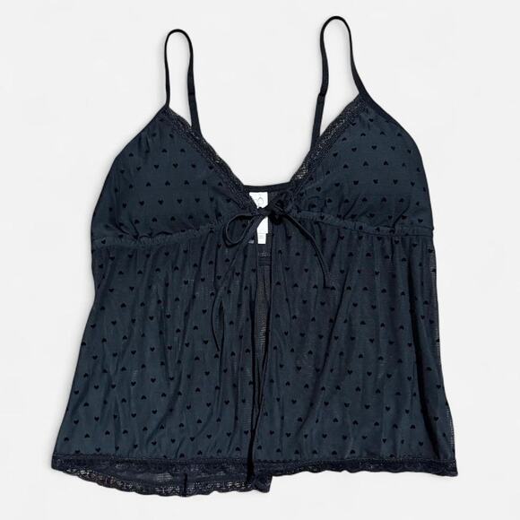 NWT Jessica Simpson Black Heart Sheer Mesh Lace Trim Open Tie Front Cami Top M - Picture 5 of 7